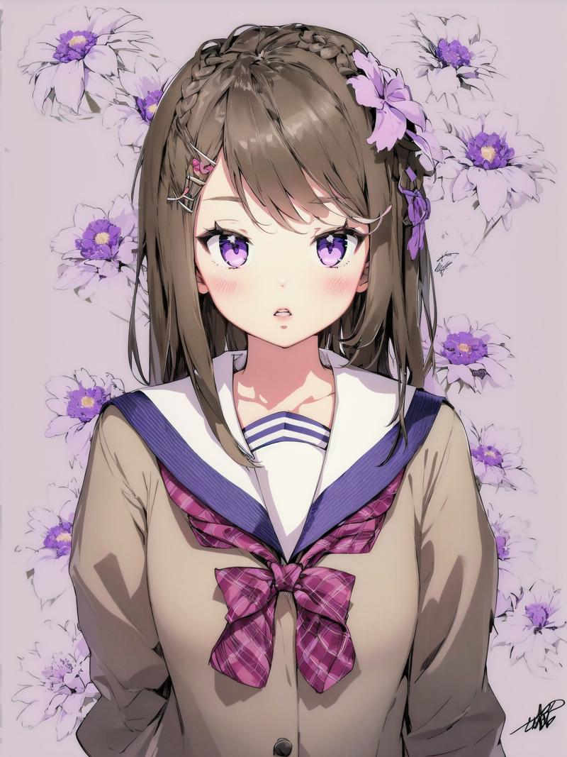 18916-4241155615-best_quality, masterpiece,__1girl, braid, solo, hair_ornament, long_hair, brown_hair, hair_flower, upper_body, bow, flower, blus.jpg